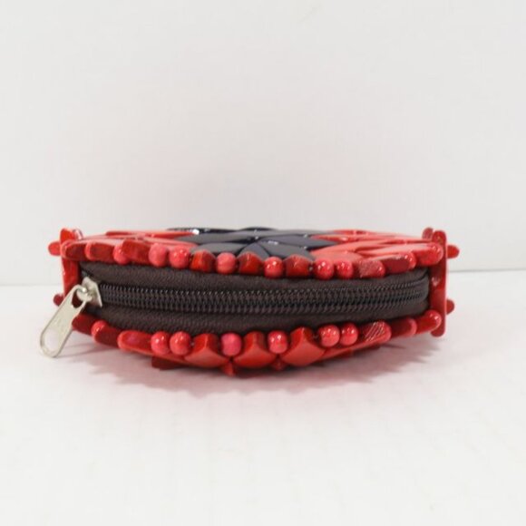 Red Black Diamond Pattern Wooden Beaded Change Purse Zipper Geometric - Picture 5 of 6